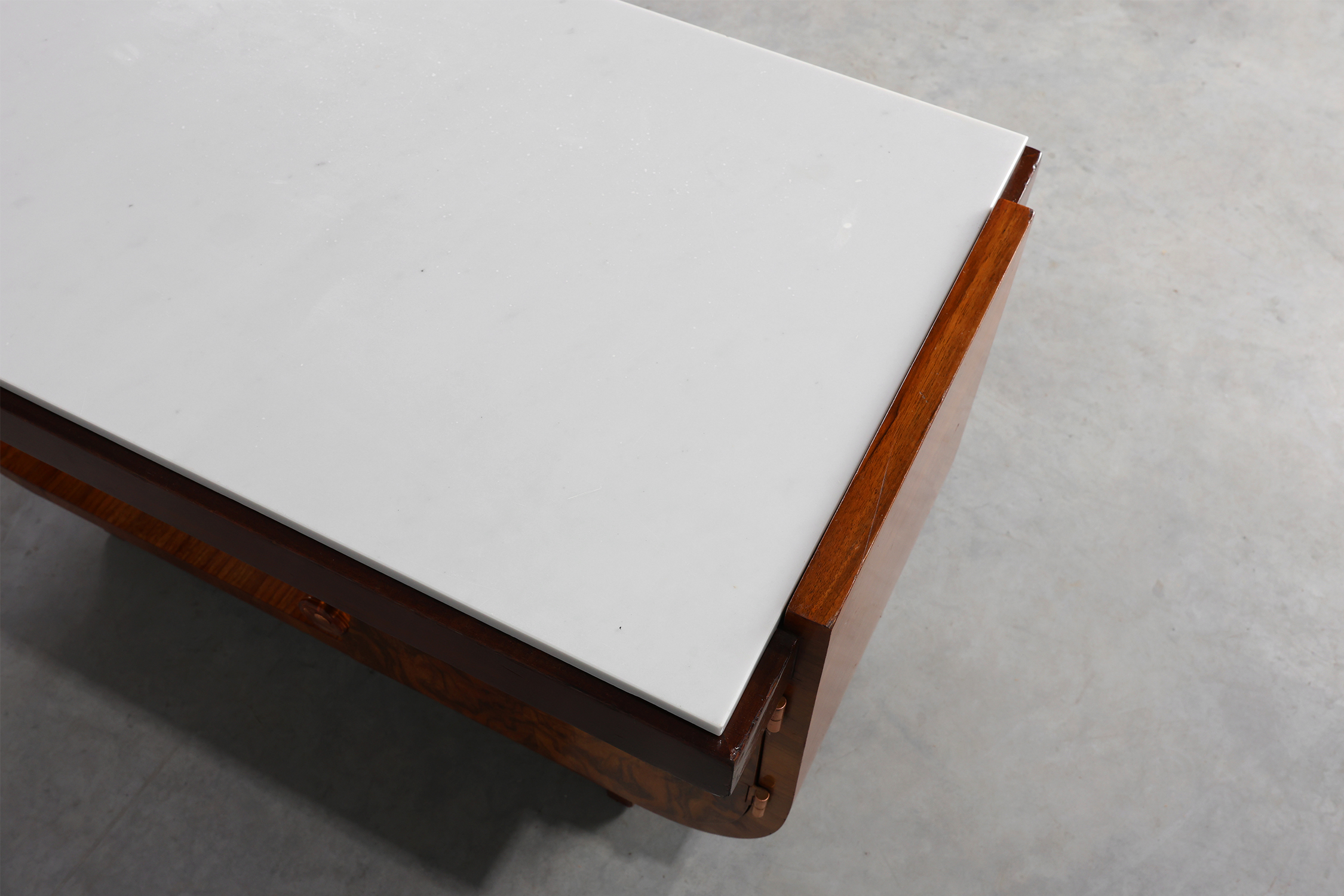 Belgian Art Deco Cabinet in Burl Veneer with Marble and Glass, circa 1930thumbnail